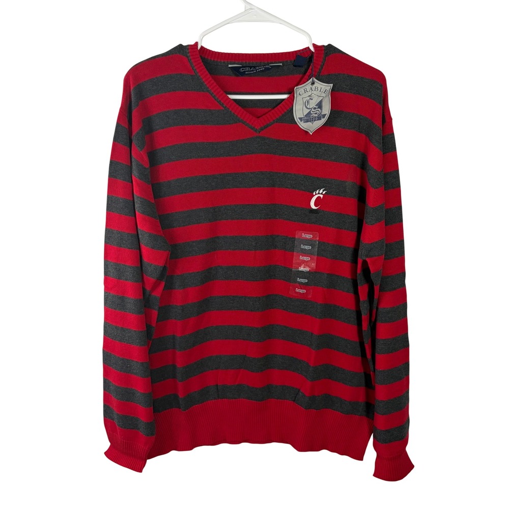 Crable Sportswear Cincinnati Bearcats V-Neck Striped Sweater Red Grey Mens L NWT